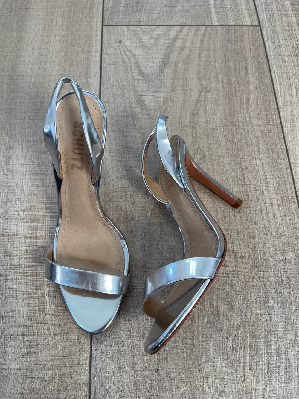 SCHUTZ Metallic Silver Slingback Heels